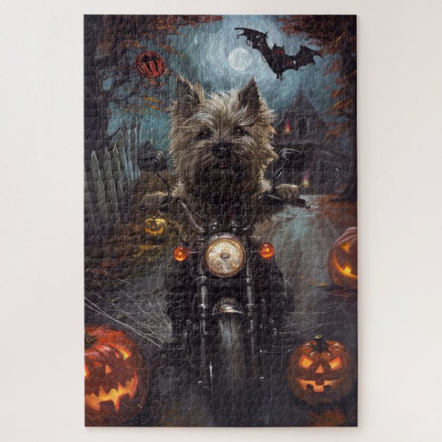 Puzzle Cairn Terrier équitation moto Halloween effrayant (Vertical)