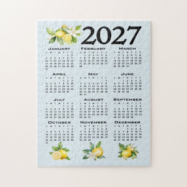 Puzzle Calendrier 2027 de style italien Citrons Fond Bleu (Vertical)