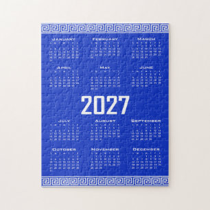 Puzzle Calendrier 2027, Frette Grecque, Blanc sur Bleu Gr