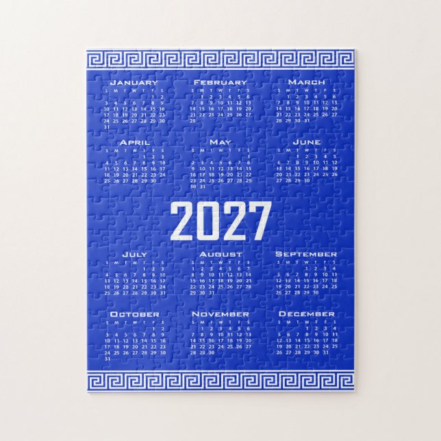 Puzzle Calendrier 2027, Frette Grecque, Blanc sur Bleu Gr (Vertical)