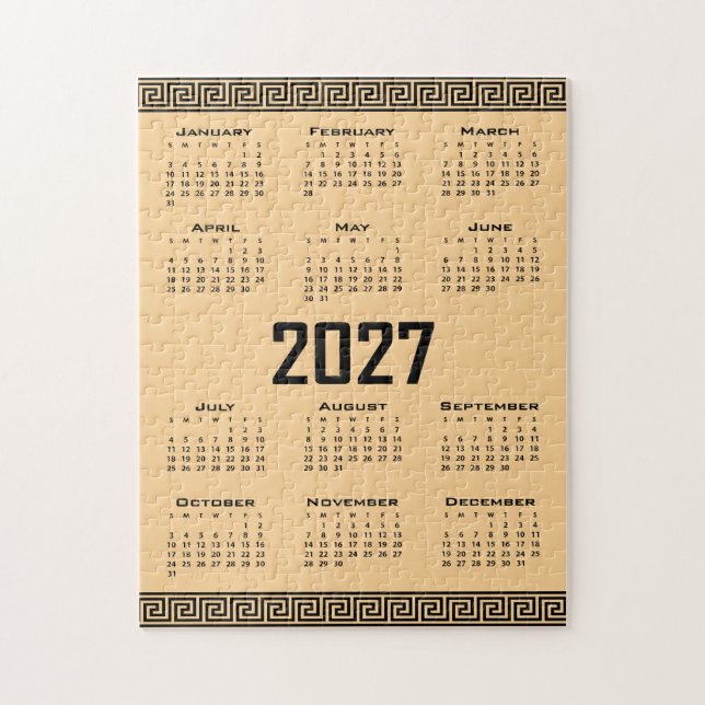 Puzzle Calendrier 2027, Frette Grecque, Noir sur Beige (Vertical)