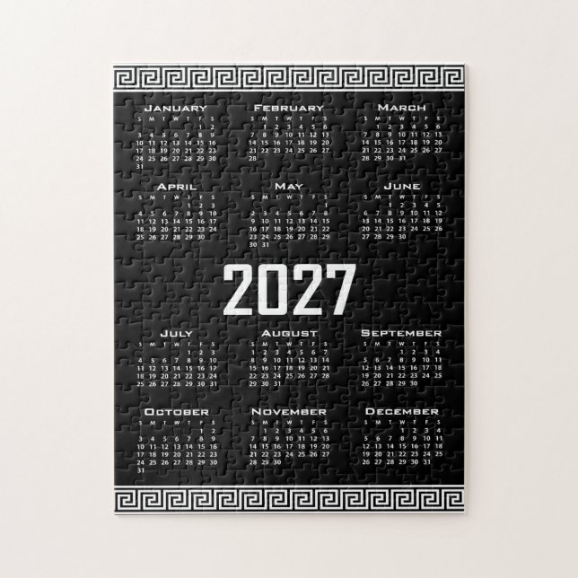 Puzzle Calendrier 2027, Frise grecque, Blanc sur Noir (Vertical)