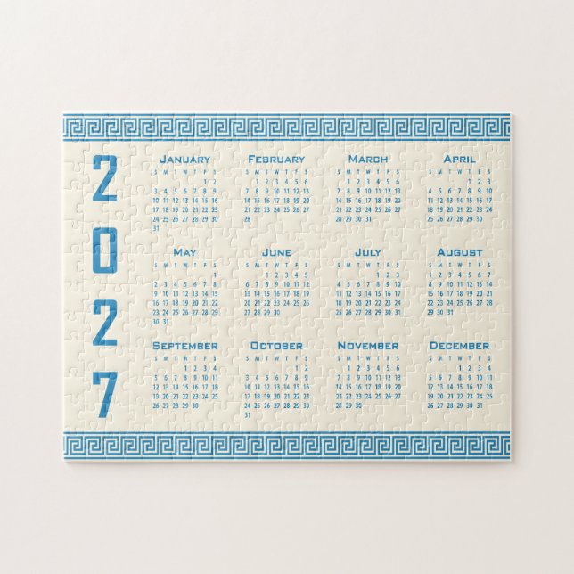 Puzzle Calendrier 2027, Méandre Grec, Bleu sur Latte Cosm (Horizontal)