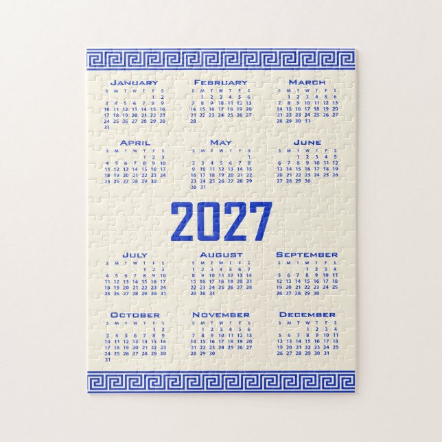 Puzzle Calendrier 2027, Méandre Grec, Grec Bleu sur Latte (Vertical)