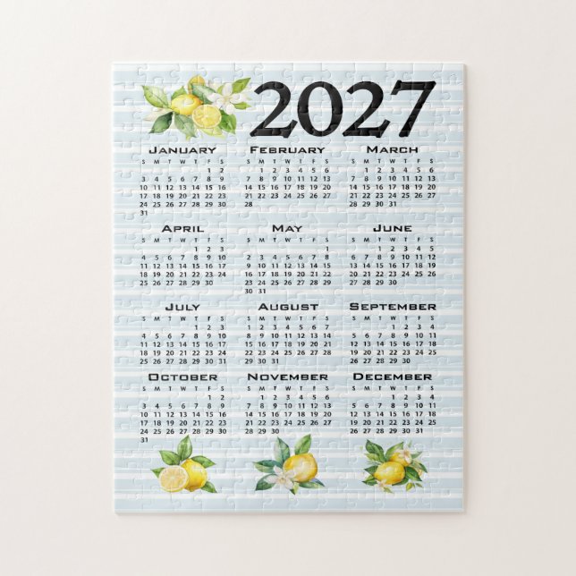 Puzzle Calendrier 2027 style italien citrons rayures bleu (Vertical)