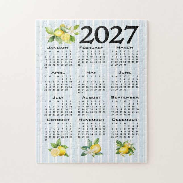 Puzzle Calendrier 2027 Style Italien Citrons Rayures Bleu (Vertical)