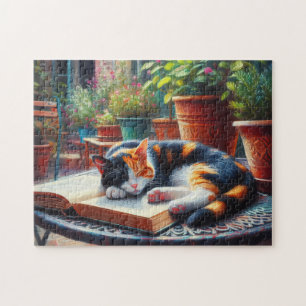 Puzzle Calico Chat Dormir sur un livre Jardin Peinture