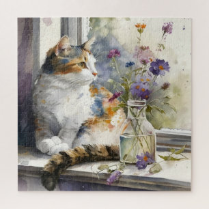 Puzzle Calico Chat Fleurs violettes Fenêtre Lumière du so