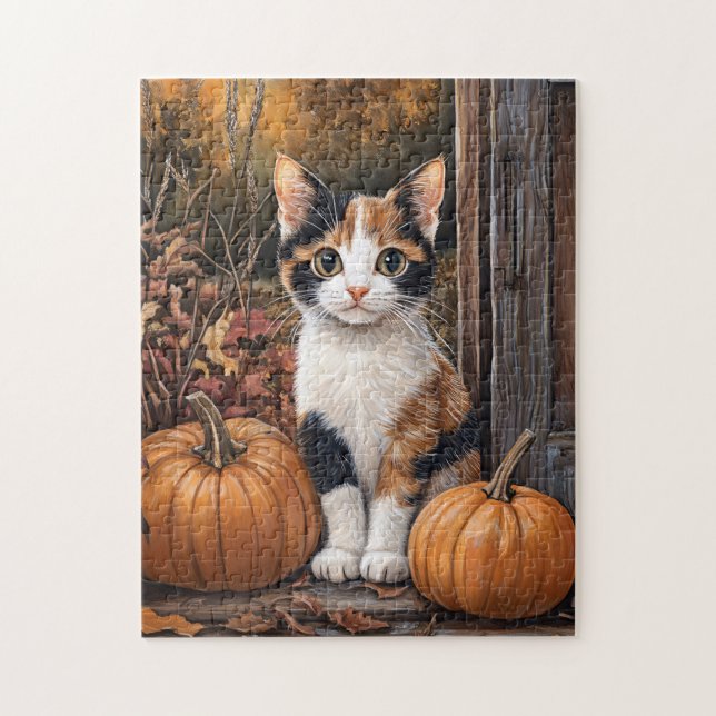 Puzzle Calico Kitten Assis Entre Feuilles D'Automne (Vertical)