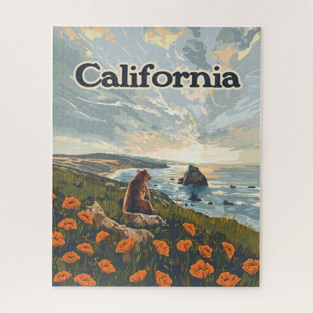 Puzzle Californie Bear Poppies Fleurs Côte Retro (Vertical)