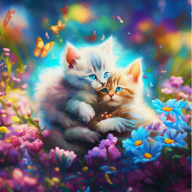 Puzzle Câlins Moustachu : Chatons Avec Papillons  (A charming kittens with flowers and butterflies jigsaw puzzle.)