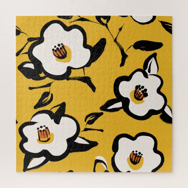 Puzzle Camellia Jaune, vintage floral et mince. (Vertical)