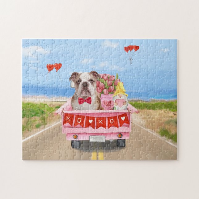 Puzzle Camion de la Saint-Valentin à coeurs avec Bouledog (Horizontal)
