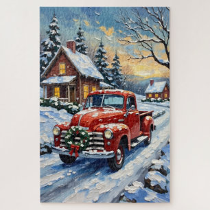 Puzzle Camion de Noël Rouge Vintage sur une Route de Camp