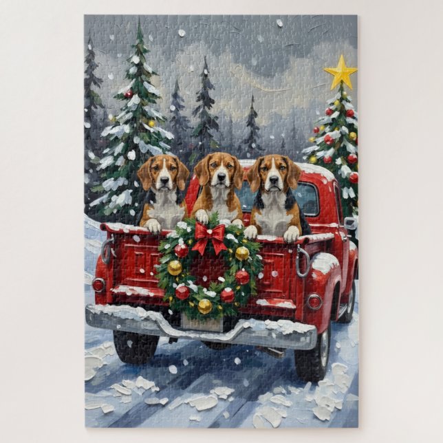Puzzle Camion rouge de Noël Beagle Fêtes (Vertical)