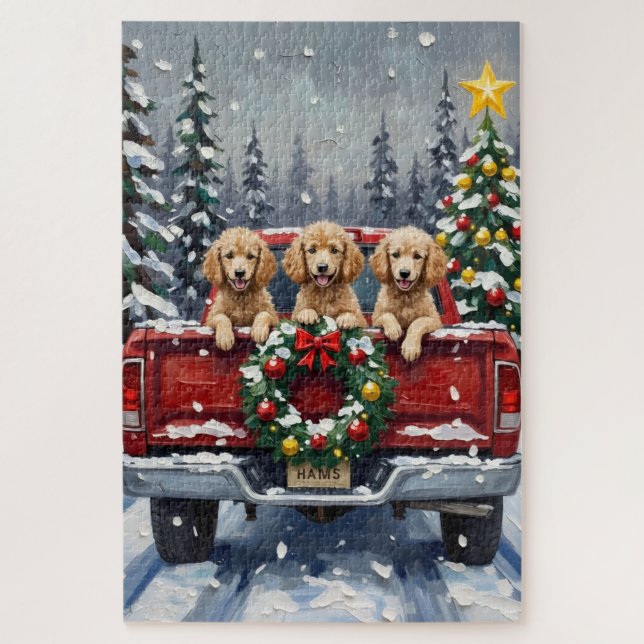 Puzzle Camion rouge de Noël Caniche Vacances (Vertical)
