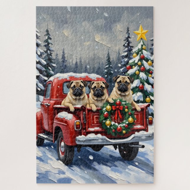 Puzzle Camion rouge de Noël Pug Fêtes (Vertical)