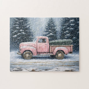 Puzzle Camion Vintage rose qui monte un arbre de Noël