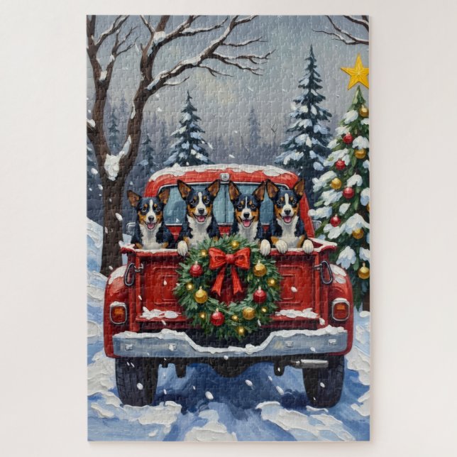 Puzzle Camionnette Rouge de Noël Blue Heeler Vacances (Vertical)