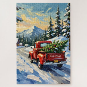 Puzzle Camionnette Rouge Vintage Transportant un Sapin de