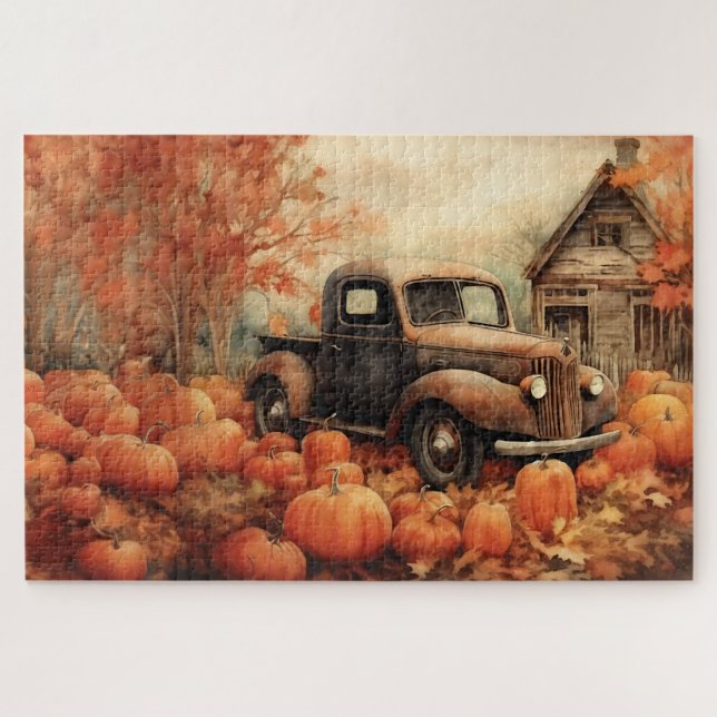 Puzzle Camionnette Rouillée Vintage et Citrouilles Automn (Horizontal)