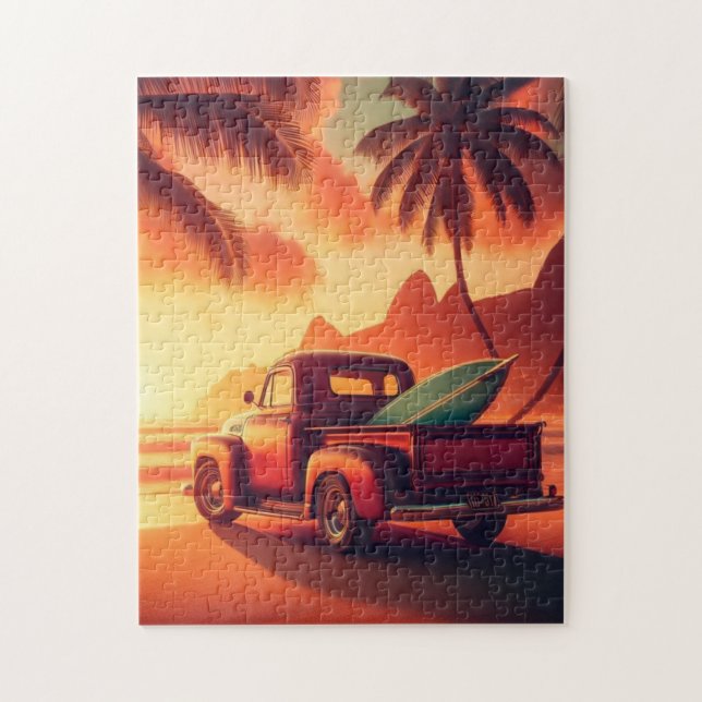 Puzzle camionnette vintage tropical/Hawaïenne de surf (Vertical)