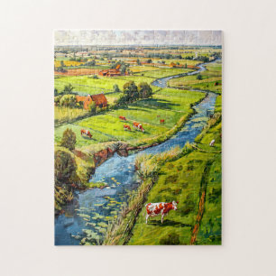 Puzzle Campagne avec vaches et ruisseau Peinture fantasti