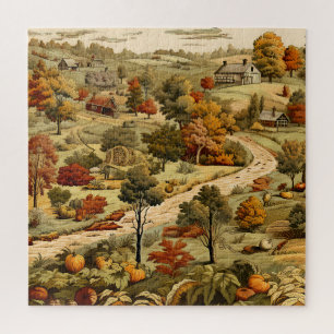 Puzzle Campagne vintage feuilles d'automne citrouilles or
