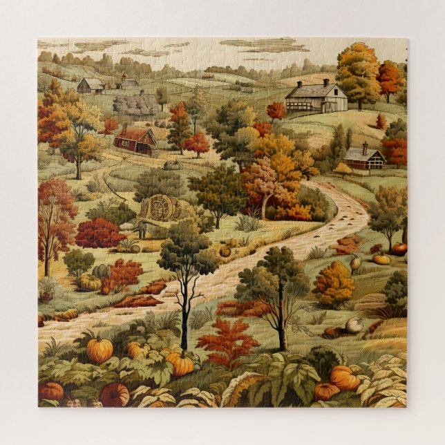 Puzzle Campagne vintage feuilles d'automne citrouilles or (Vertical)