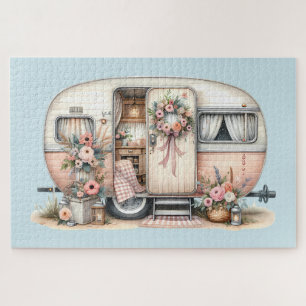 Puzzle Camper Boho avec couronne florale et pastels rose