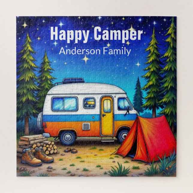 Puzzle Camping Campervan Bleu Aquarelle verte (Vertical)