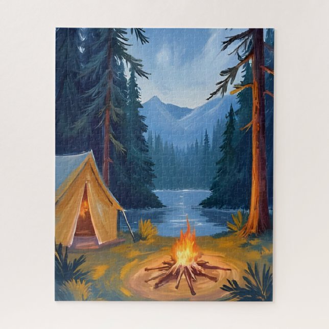 Puzzle Camping Trip Forest Campfire Tent Watercolor (Vertical)