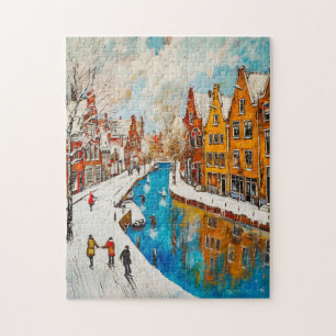Puzzle Canal d'hiver avec rues enneigées et maison coloré