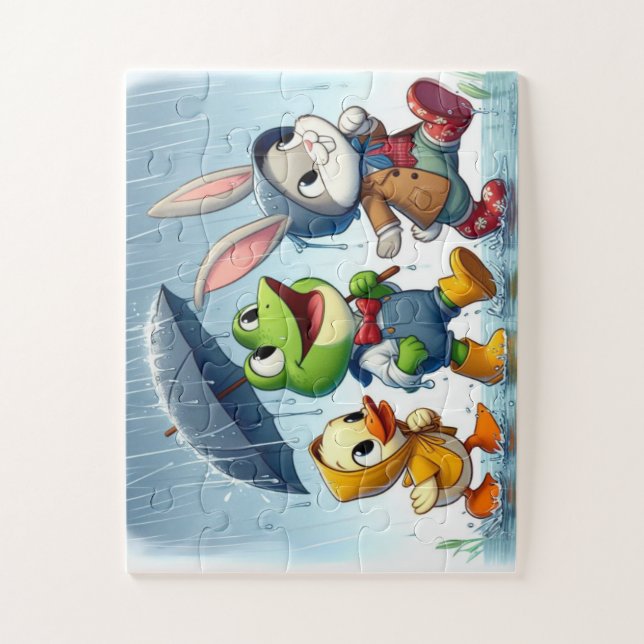 Puzzle Canard mignon, grenouille, lapin sous la pluie (Vertical)