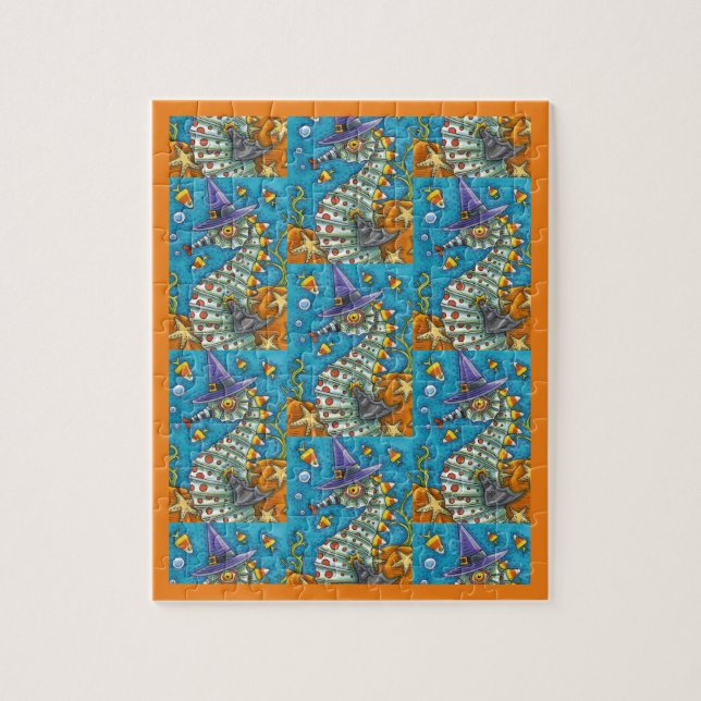 PUZZLE CANDY CORN SEAHORSE WITCH, SOUS LA MER HALLOWEEN (Vertical)