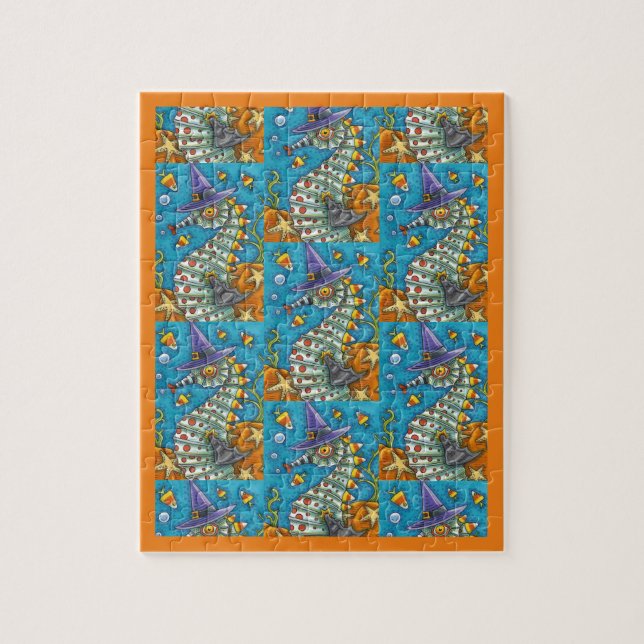 PUZZLE CANDY CORN SEAHORSE WITCH, SOUS LA MER HALLOWEEN (Vertical)