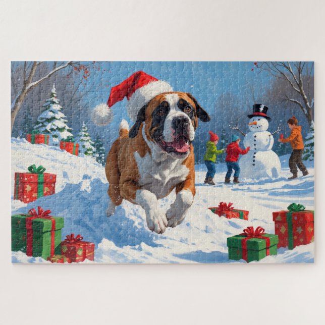 Puzzle Cane Corso courant dans la neige avec un chapeau d (Horizontal)