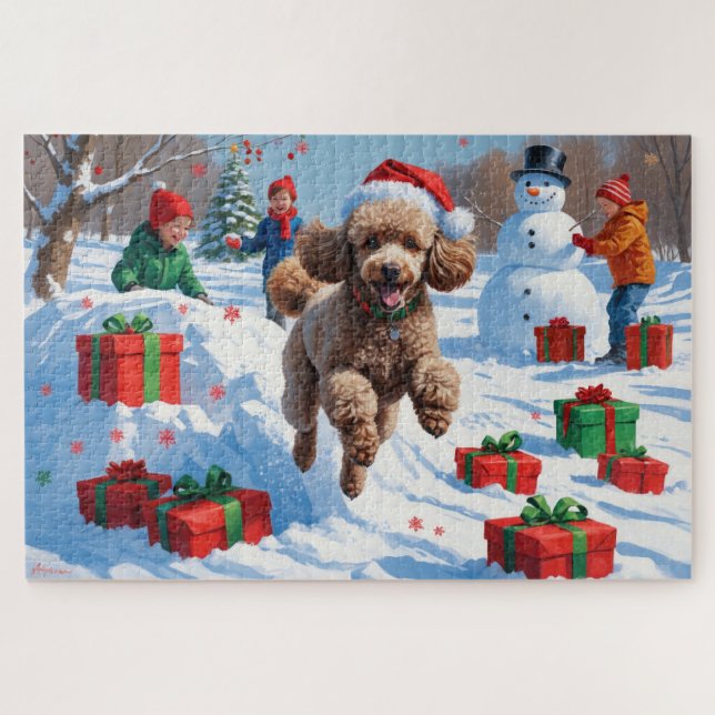 Puzzle Caniche courant dans la neige avec un chapeau de N (Horizontal)