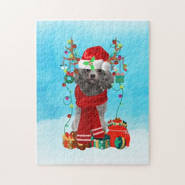 Puzzle Caniche dans la neige avec cadeaux de Noël (Vertical)