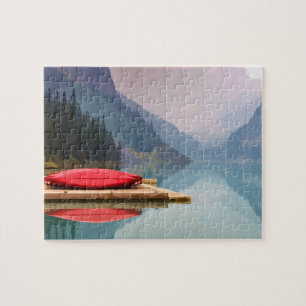 Puzzle Canot rouge sur Tranquil Mountain Lake Art sauvage