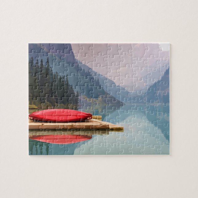 Puzzle Canot rouge sur Tranquil Mountain Lake Art sauvage (Horizontal)