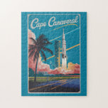 Puzzle Cape Canaveral Florida Illustration Art de Voyage<br><div class="desc">Cape Canaveral design de déplacement vectoriel rétro. Cape Canaveral est une ville sur la côte atlantique de Floride. Le Kennedy Space Center,  au nord de la ville,  présente une simulation de lancement de navette de la NASA et des souvenirs d'astronautes.</div>