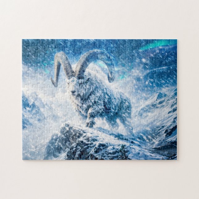 Puzzle Capricorn Zodiac as Majestic Ram Under Aurora Sky (Horizontal)