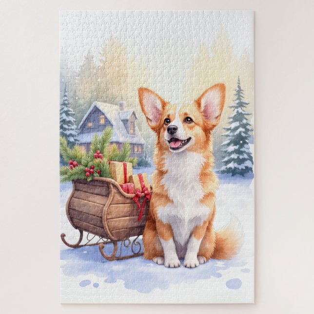 Puzzle Cardigan Welsh Corgi Festive Sleigh Christmas Art (Vertical)