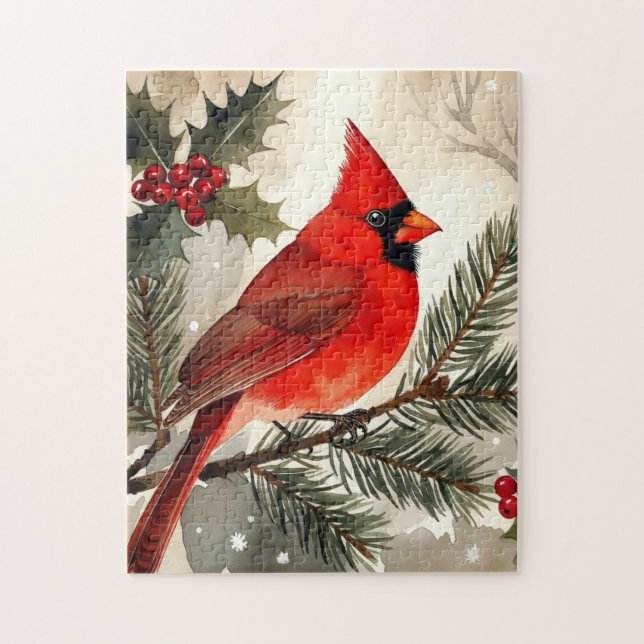 Puzzle Cardinal à l'aquarelle sur branche de pin enneigée (Vertical)