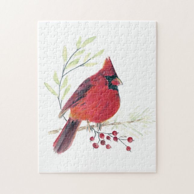 Puzzle Cardinal Bird Watercolor Art (Vertical)
