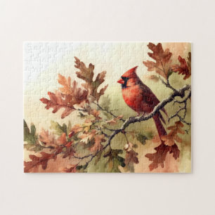 Puzzle Cardinal d'aquarelle et chêne d'automne Feuilles