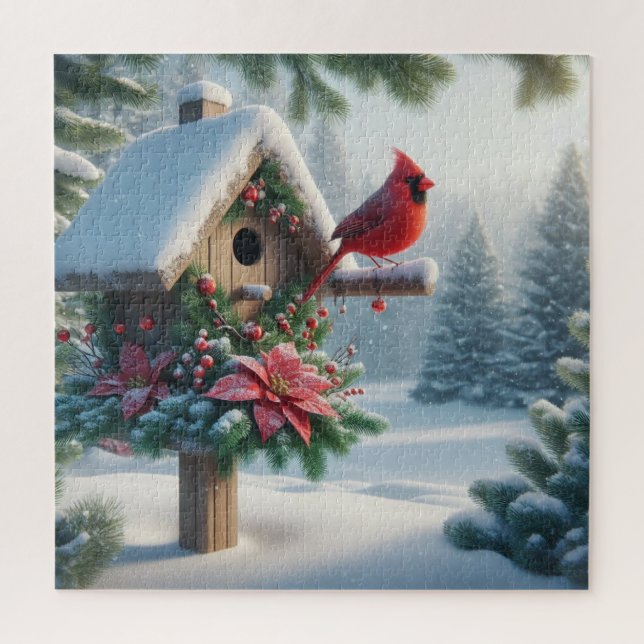 Puzzle Cardinal d'hiver sur une maison d'oiseaux festive (Vertical)
