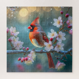 Puzzle Cardinal mâle au clair de lune Cerisiers en fleurs