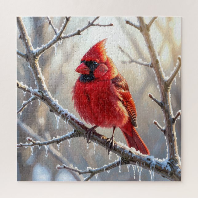 Puzzle Cardinal perché sur une branche d'hiver avec des g (Vertical)